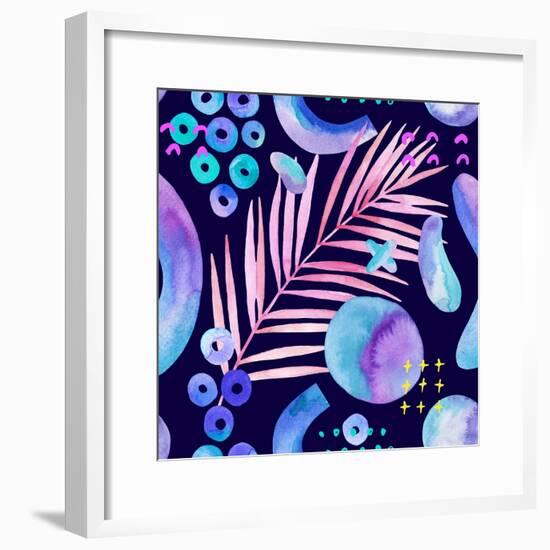 Watercolor Tropical Leaves on Geometric Background-tanycya-Framed Premium Giclee Print