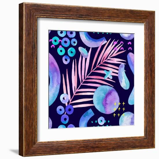 Watercolor Tropical Leaves on Geometric Background-tanycya-Framed Art Print