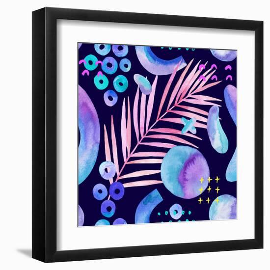 Watercolor Tropical Leaves on Geometric Background-tanycya-Framed Art Print