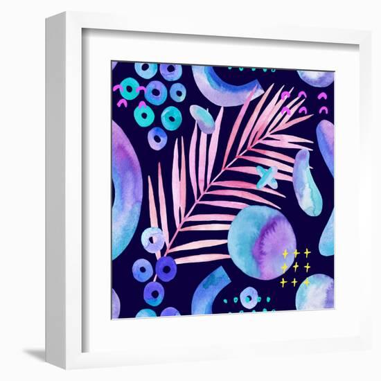 Watercolor Tropical Leaves on Geometric Background-tanycya-Framed Art Print