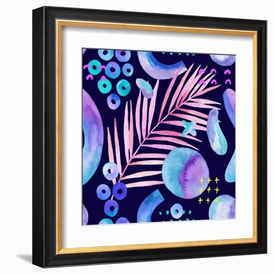 Watercolor Tropical Leaves on Geometric Background-tanycya-Framed Art Print