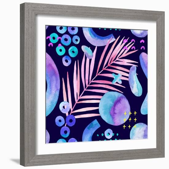 Watercolor Tropical Leaves on Geometric Background-tanycya-Framed Art Print