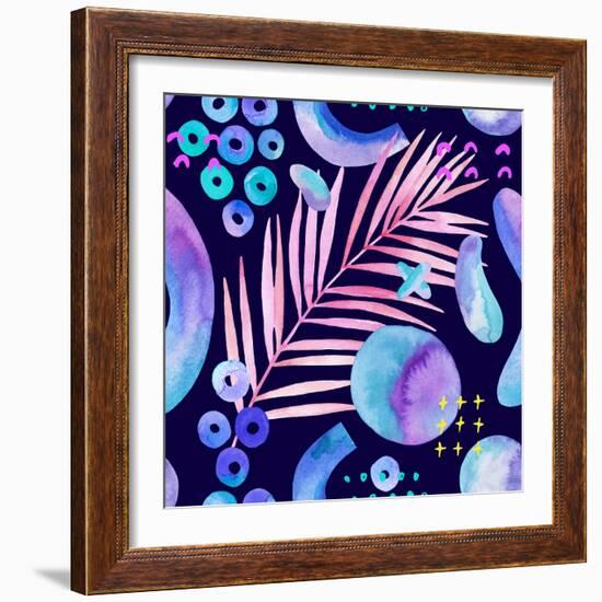 Watercolor Tropical Leaves on Geometric Background-tanycya-Framed Art Print