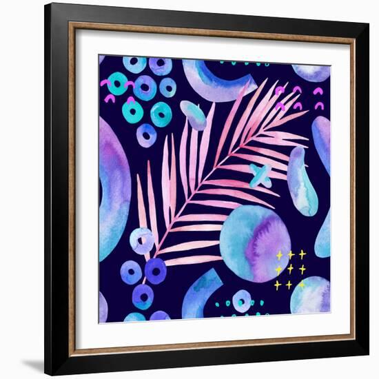 Watercolor Tropical Leaves on Geometric Background-tanycya-Framed Art Print