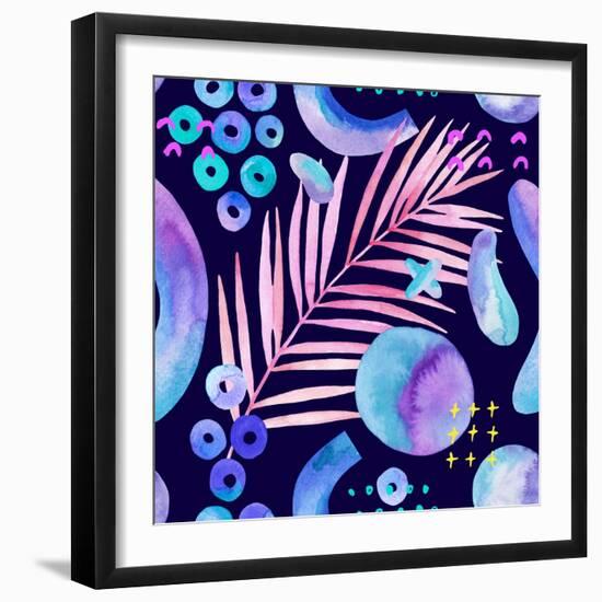 Watercolor Tropical Leaves on Geometric Background-tanycya-Framed Art Print