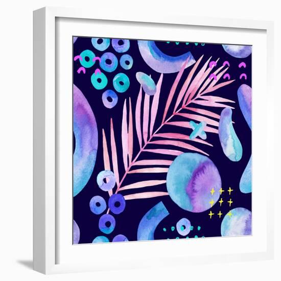 Watercolor Tropical Leaves on Geometric Background-tanycya-Framed Art Print