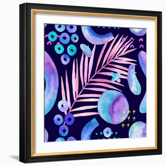 Watercolor Tropical Leaves on Geometric Background-tanycya-Framed Art Print