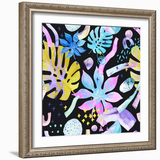 Watercolor Tropical Leaves on Geometric Background-tanycya-Framed Art Print