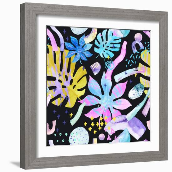 Watercolor Tropical Leaves on Geometric Background-tanycya-Framed Art Print