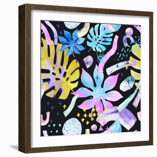 Watercolor Tropical Leaves on Geometric Background-tanycya-Framed Art Print