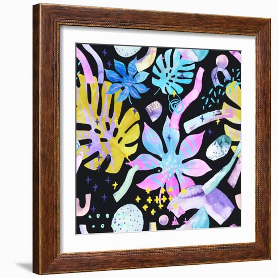 Watercolor Tropical Leaves on Geometric Background-tanycya-Framed Art Print