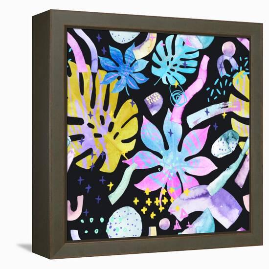 Watercolor Tropical Leaves on Geometric Background-tanycya-Framed Stretched Canvas