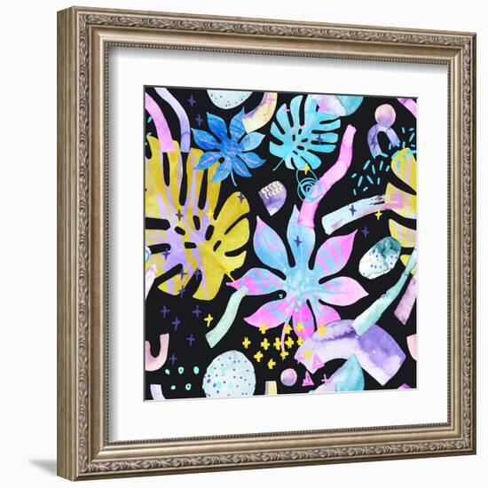 Watercolor Tropical Leaves on Geometric Background-tanycya-Framed Art Print