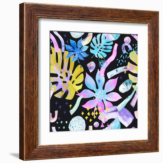 Watercolor Tropical Leaves on Geometric Background-tanycya-Framed Art Print