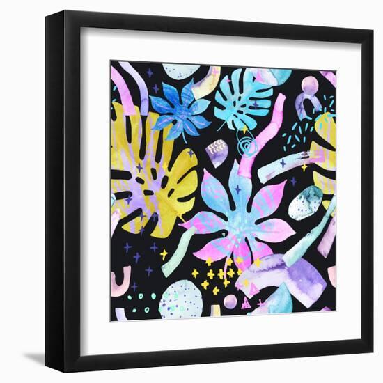 Watercolor Tropical Leaves on Geometric Background-tanycya-Framed Art Print