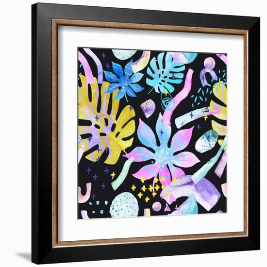 Watercolor Tropical Leaves on Geometric Background-tanycya-Framed Art Print