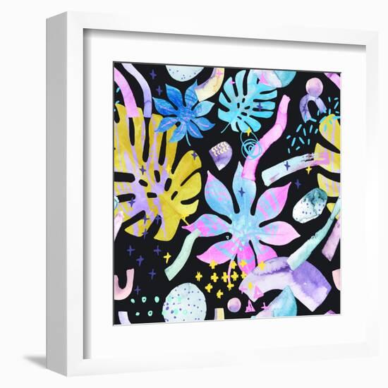 Watercolor Tropical Leaves on Geometric Background-tanycya-Framed Art Print