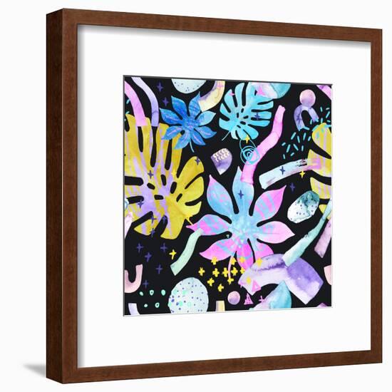 Watercolor Tropical Leaves on Geometric Background-tanycya-Framed Art Print