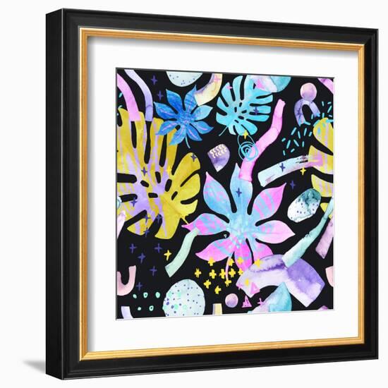 Watercolor Tropical Leaves on Geometric Background-tanycya-Framed Art Print