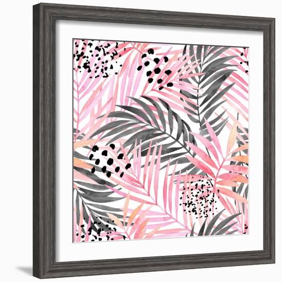 Watercolor Tropical Leaves Seamless Pattern. Watercolour Pink Colored and Graphic Palm Leaf Paintin-tanycya-Framed Premium Giclee Print