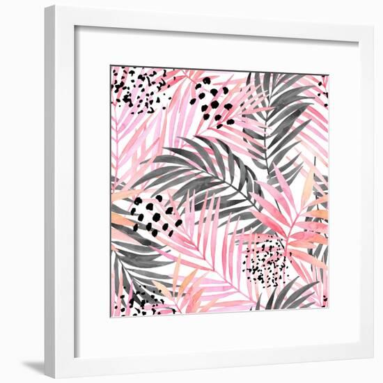 Watercolor Tropical Leaves Seamless Pattern. Watercolour Pink Colored and Graphic Palm Leaf Paintin-tanycya-Framed Premium Giclee Print