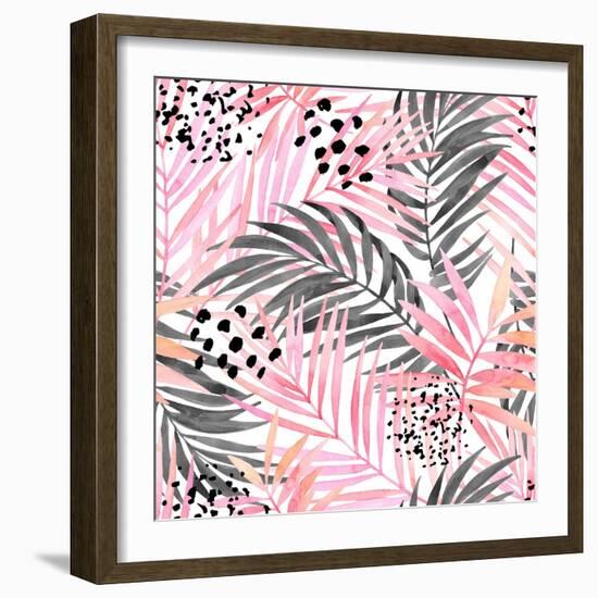 Watercolor Tropical Leaves Seamless Pattern. Watercolour Pink Colored and Graphic Palm Leaf Paintin-tanycya-Framed Premium Giclee Print