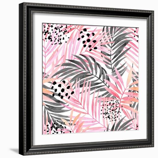 Watercolor Tropical Leaves Seamless Pattern. Watercolour Pink Colored and Graphic Palm Leaf Paintin-tanycya-Framed Premium Giclee Print