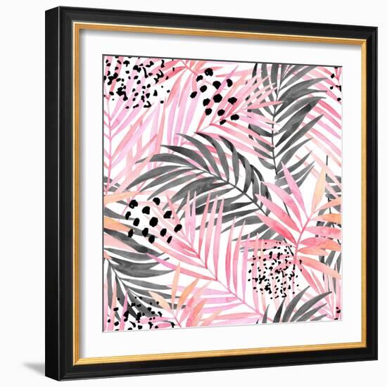 Watercolor Tropical Leaves Seamless Pattern. Watercolour Pink Colored and Graphic Palm Leaf Paintin-tanycya-Framed Premium Giclee Print