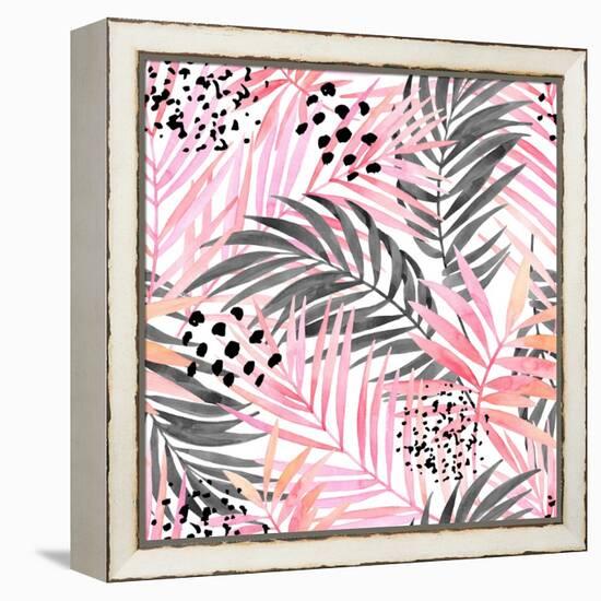 Watercolor Tropical Leaves Seamless Pattern. Watercolour Pink Colored and Graphic Palm Leaf Paintin-tanycya-Framed Stretched Canvas