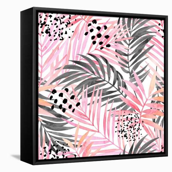 Watercolor Tropical Leaves Seamless Pattern. Watercolour Pink Colored and Graphic Palm Leaf Paintin-tanycya-Framed Stretched Canvas