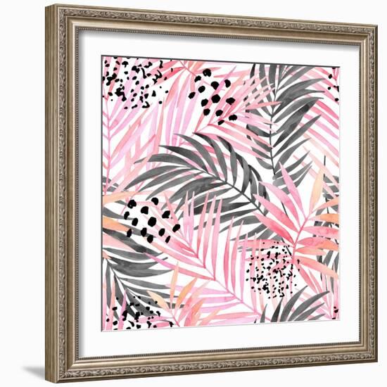 Watercolor Tropical Leaves Seamless Pattern. Watercolour Pink Colored and Graphic Palm Leaf Paintin-tanycya-Framed Art Print