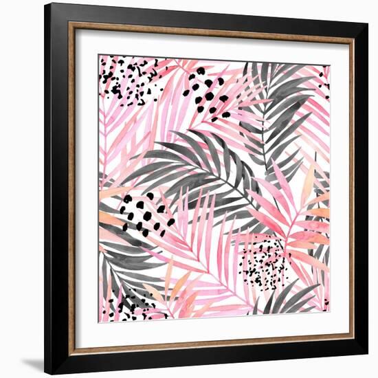 Watercolor Tropical Leaves Seamless Pattern. Watercolour Pink Colored and Graphic Palm Leaf Paintin-tanycya-Framed Art Print