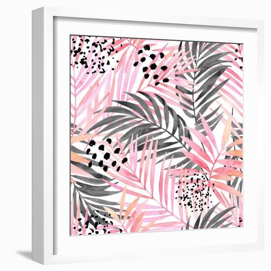 Watercolor Tropical Leaves Seamless Pattern. Watercolour Pink Colored and Graphic Palm Leaf Paintin-tanycya-Framed Art Print
