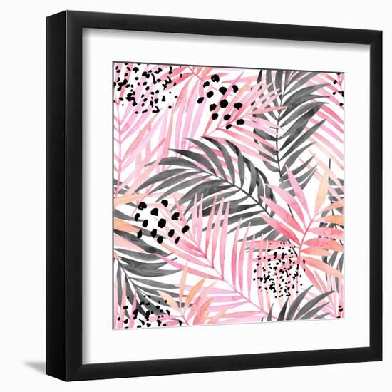 Watercolor Tropical Leaves Seamless Pattern. Watercolour Pink Colored and Graphic Palm Leaf Paintin-tanycya-Framed Art Print
