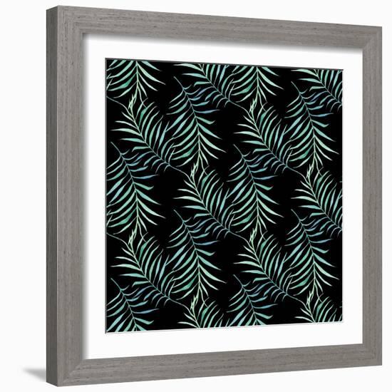 Watercolor Tropical Palm Leaves on Dark Background-Maria Mirnaya-Framed Art Print