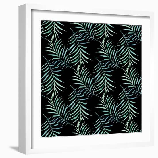 Watercolor Tropical Palm Leaves on Dark Background-Maria Mirnaya-Framed Art Print