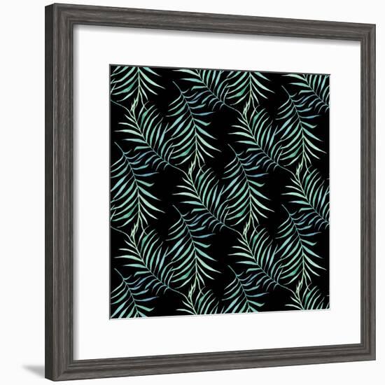 Watercolor Tropical Palm Leaves on Dark Background-Maria Mirnaya-Framed Premium Giclee Print