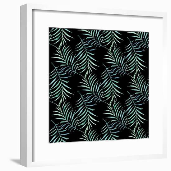 Watercolor Tropical Palm Leaves on Dark Background-Maria Mirnaya-Framed Premium Giclee Print