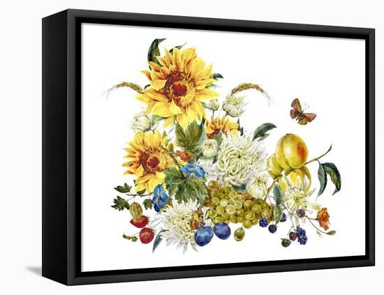 Watercolor Vintage Card with Chrysanthemums, Fruits, Sunflowers-Varvara Kurakina-Framed Stretched Canvas