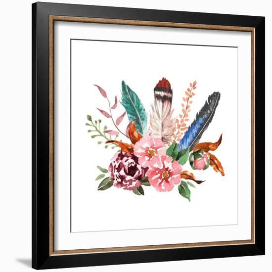 Watercolor Vintage Floral Bouquets. Boho Spring Flowers and Feathers Isolated on White Background.-Polina Valentina-Framed Premium Giclee Print