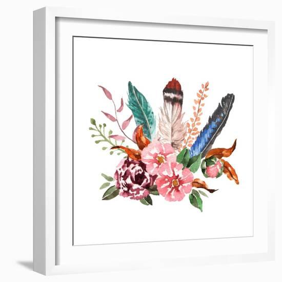 Watercolor Vintage Floral Bouquets. Boho Spring Flowers and Feathers Isolated on White Background.-Polina Valentina-Framed Premium Giclee Print