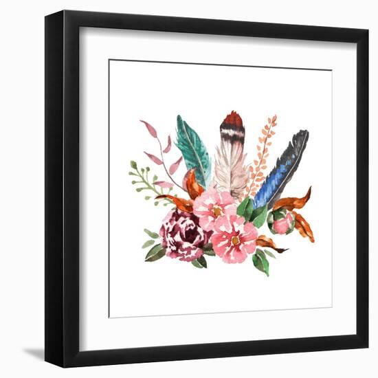 Watercolor Vintage Floral Bouquets. Boho Spring Flowers and Feathers Isolated on White Background.-Polina Valentina-Framed Art Print