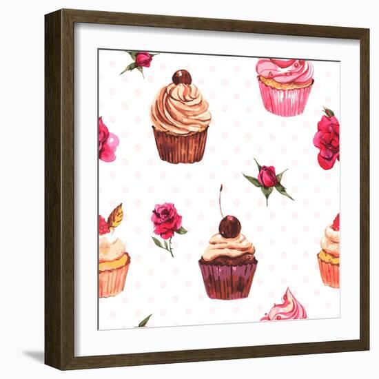 Watercolor Vintage Seamless Background with Cupcakes and Flowers-Varvara Kurakina-Framed Art Print