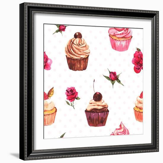 Watercolor Vintage Seamless Background with Cupcakes and Flowers-Varvara Kurakina-Framed Art Print