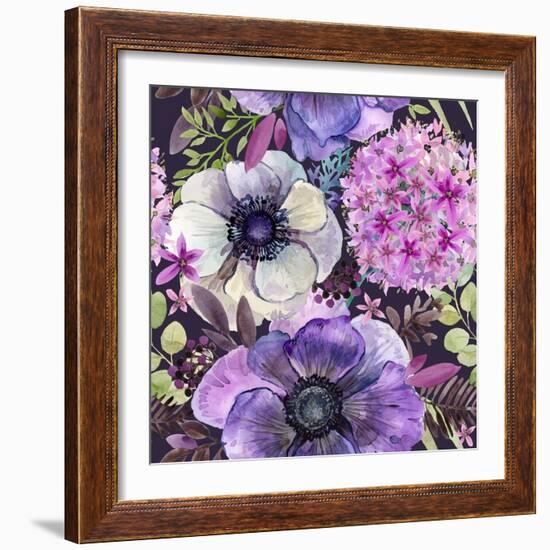 Watercolor Violet Flowers Seamless Pattern. Hand-Drawn Botanical Illustration. Vintage Floral Compo-Faenkova Elena-Framed Art Print