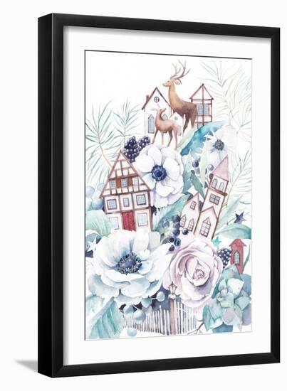 Watercolor Winter Fairytale Illustration. Hand Painted Bouquet with Old Houses, Deers, Anemone Flow-Eisfrei-Framed Art Print
