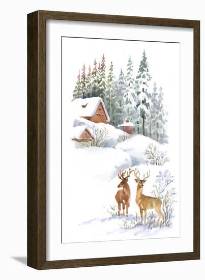 Watercolor Winter Landscape with Deers-KostanPROFF-Framed Art Print