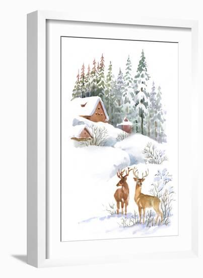 Watercolor Winter Landscape with Deers-KostanPROFF-Framed Art Print