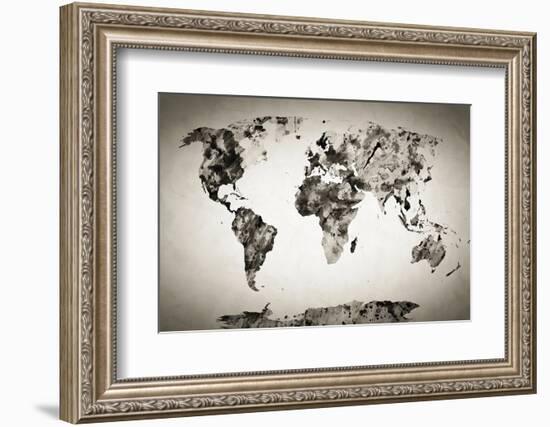 Watercolor World Map. Black and White Paint on Paper, Retro Style. HD Quality-Michal Bednarek-Framed Photographic Print