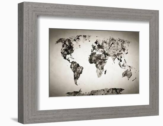 Watercolor World Map. Black and White Paint on Paper, Retro Style. HD Quality-Michal Bednarek-Framed Photographic Print